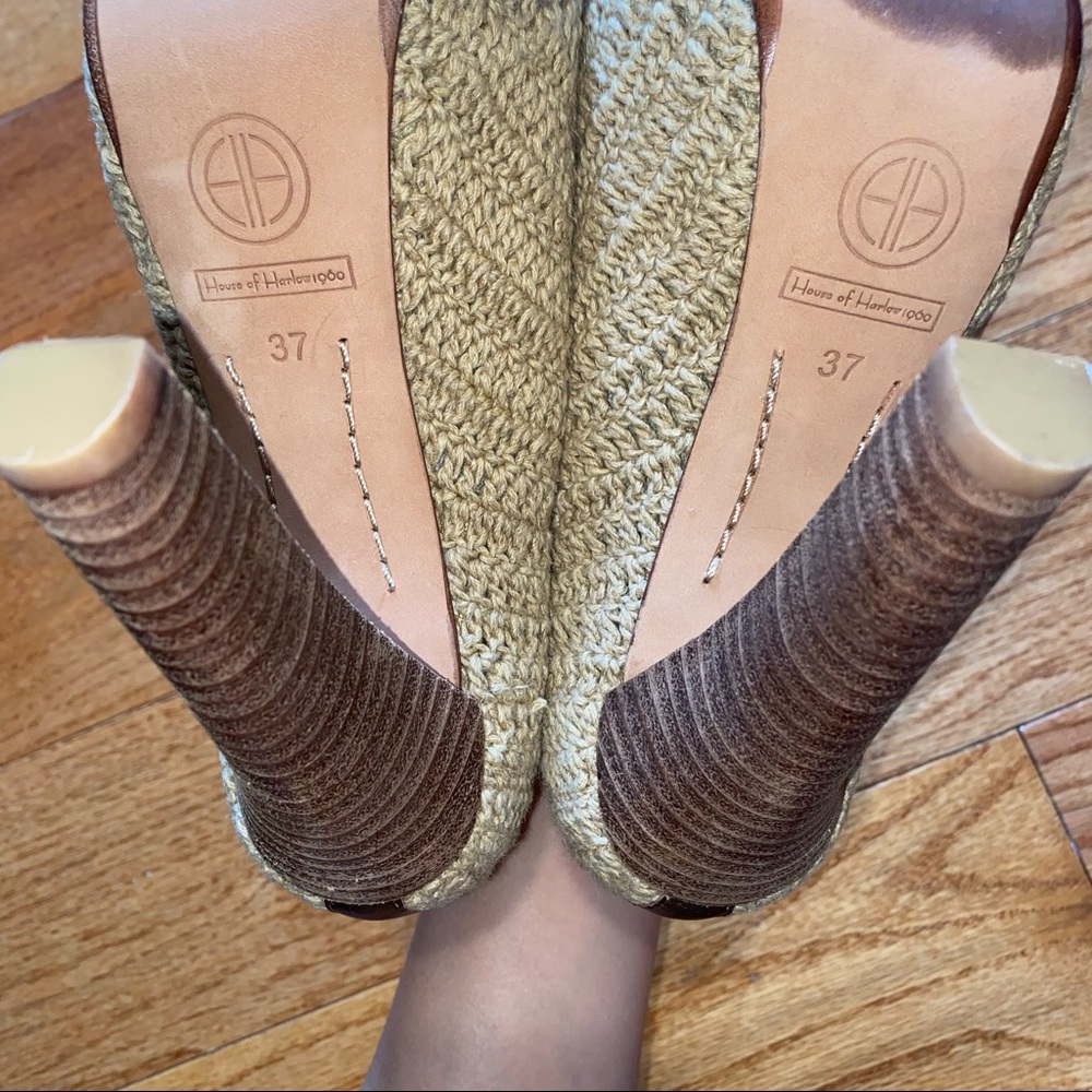 HOUSE OF HARLOW 1960 PAULINA CROCHET NATURAL/BRONZE PEEP-TOE PUMPS SIZE 6.5 - Picture 4 of 8
